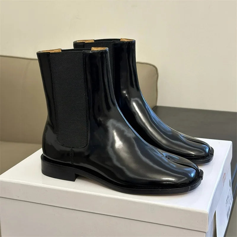 2025 Design Leather Tabi Boots Fashion Round Toe Chunky Mid Calf Boots  Autumn Winter Split Toe Shoes
