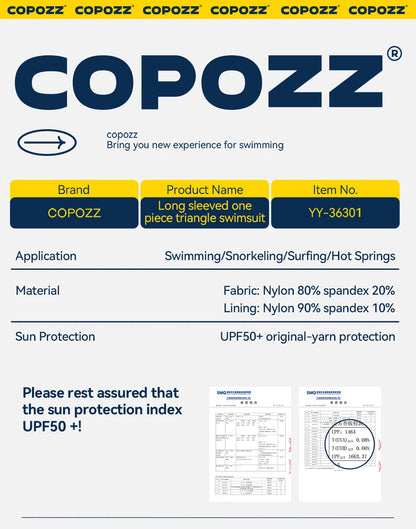 COPOZZ High Neck Swimsuit Women UPF50 Long Sleeve One Piece Rash Guard Swimming Bath Suit Beach Swimwear Female Surfing Bodysuit