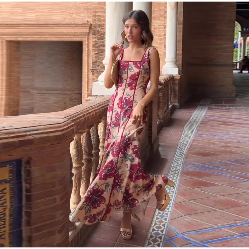 Women Printed V Neck Long Dress Flared Sleeve Lotus Leaf Edge High Waist Slim Fit Maxi Dresses Lady Elegant Evening Party Dress