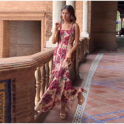 Women Printed V Neck Long Dress Flared Sleeve Lotus Leaf Edge High Waist Slim Fit Maxi Dresses Lady Elegant Evening Party Dress