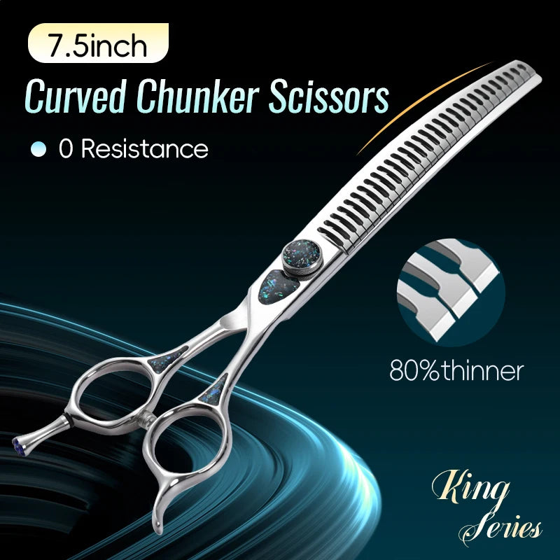 Fenice King Series 7/7.5Inch VG10 Shell Bearing Screws Dog Trimming Grooming Straight Curved Thinner Chunker Pet Scissors Tools