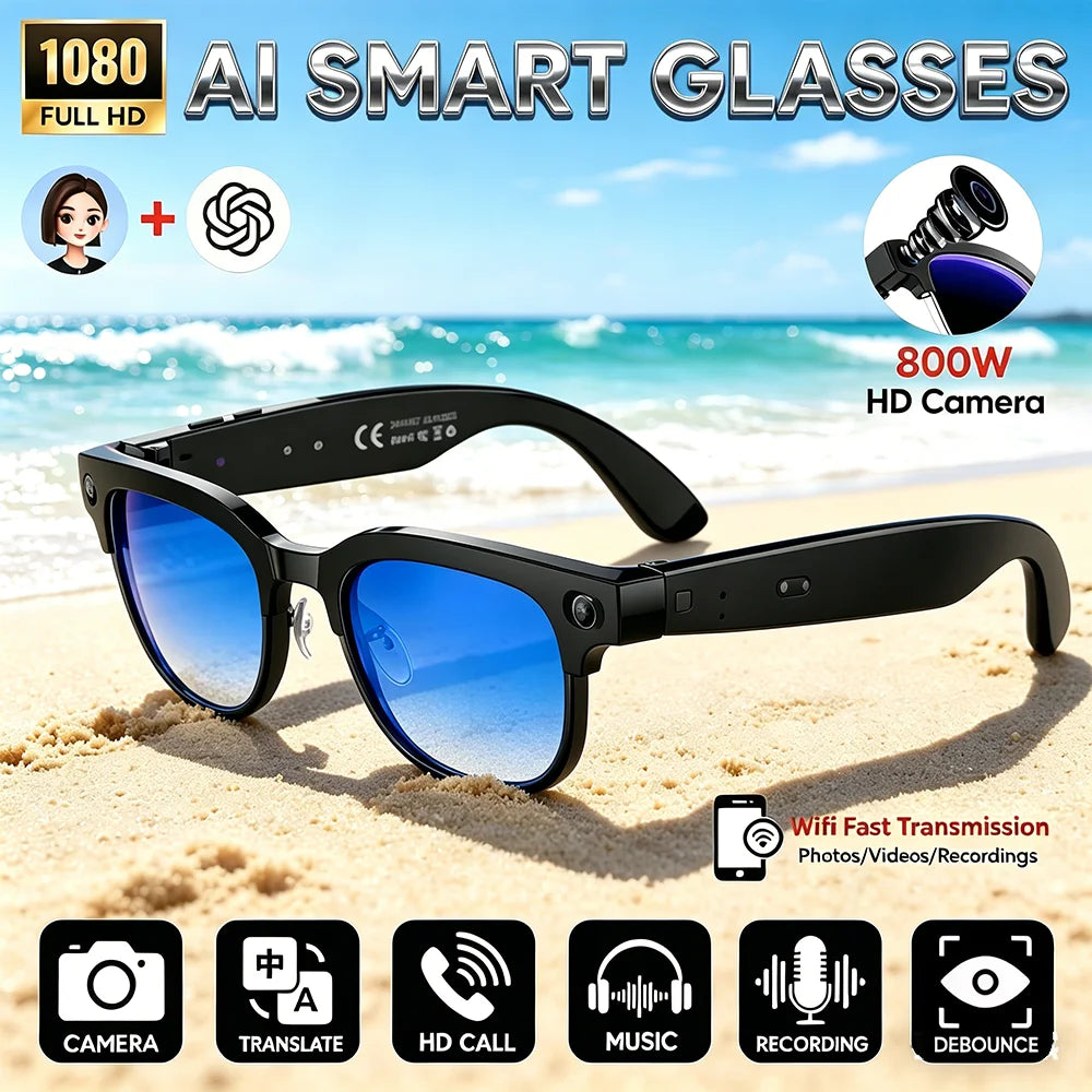 AI smart glasses, high-definition video recording, voice calling and music functions, suitable for travel and outdoor activities