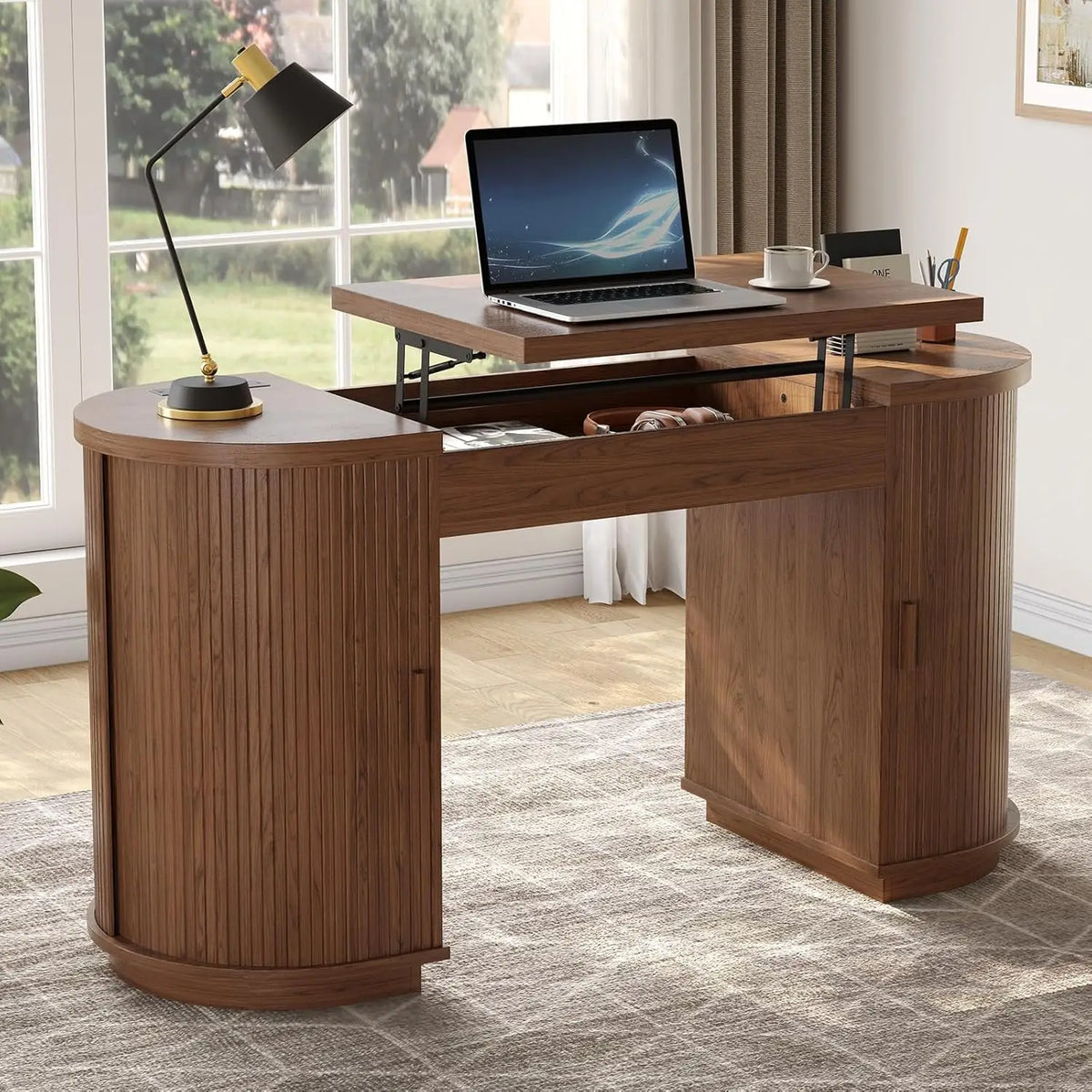 59 Inch Lift Top Office Desk with USB Charging Ports & Storage, Mid-Century Modern Fluted Curved Computer Study Desk with Adjustable Height for Home Office
