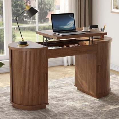 59 Inch Lift Top Office Desk with USB Charging Ports & Storage, Mid-Century Modern Fluted Curved Computer Study Desk with Adjustable Height for Home Office
