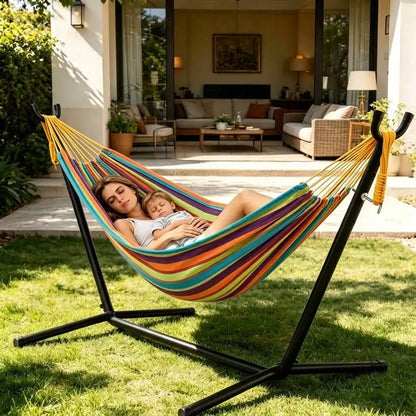 Camping 2-Person Hammock 600LBS, Portable Steel Stand Set For Outdoor Lawn Terrace, Blue & Black Stripe