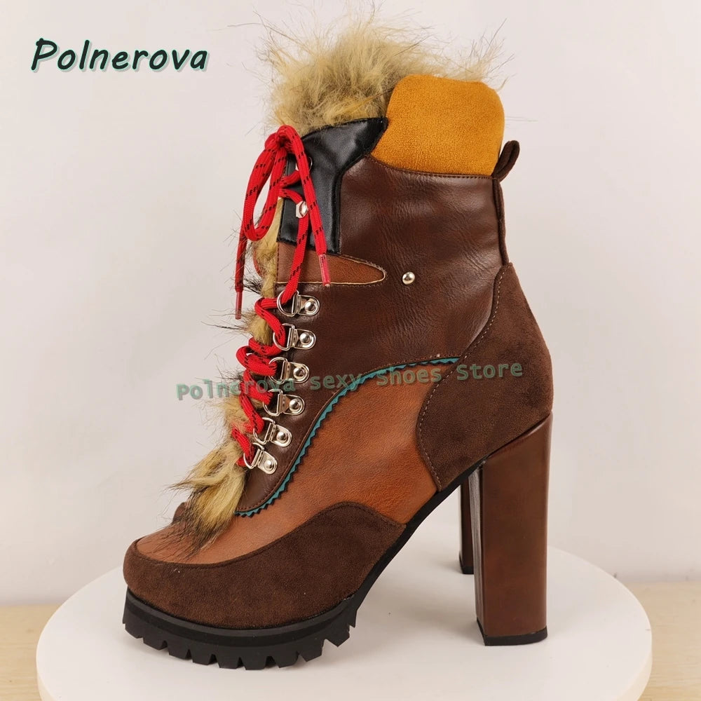 Faux Fur Cross Tied Fashion Boots 2026 New Arrivals Round Toe Toe Strange Style Mixed Colors Women Sexy Mid-Calf Boots Trend