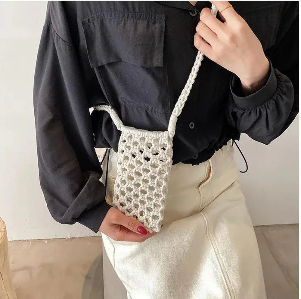 Hollow-out Woven Crochet Small Crossbody Phone Bag Women Fashion Solid Color Lightweight Braided Shoulder Handbag Crossbody Bags