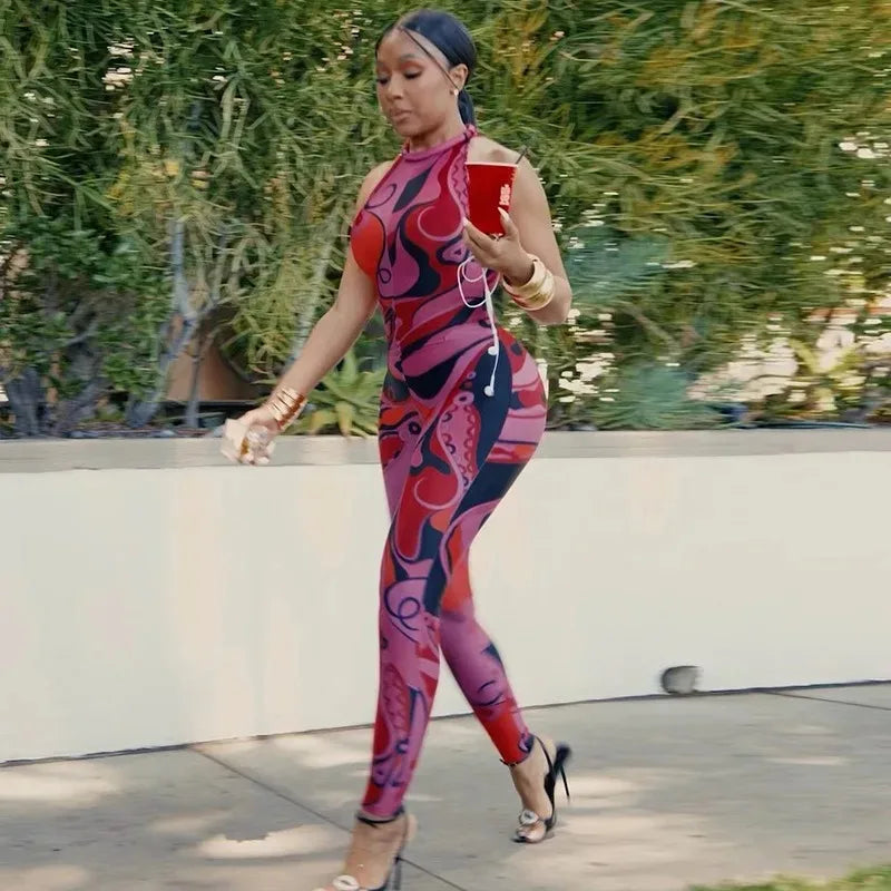 Abstract Print Jumpsuits Women Sexy O-neck Sleeveless Back Zipper Bodycon Rompers Party Clubwear Vacation Y2k Streetwear