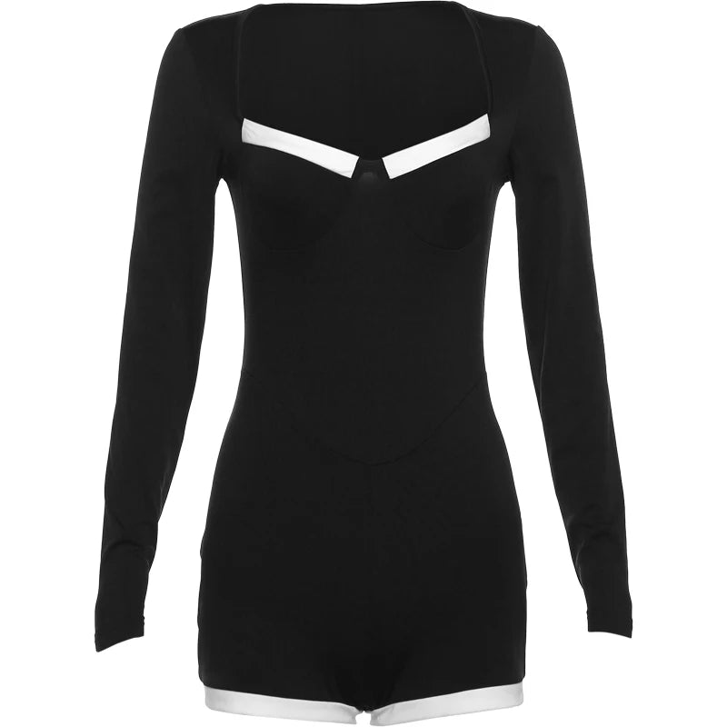 Weird PussWhite Edging Playsuit Women 2025 Spring Square Collar  Skinny Stretch  Long Sleeve Romper Streetwear Tight Overalls