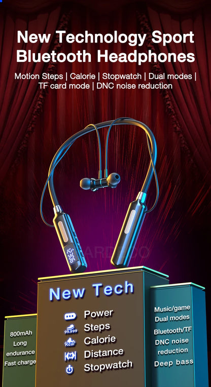 EARDECO With Sports Chip Bluetooth Headphone Bass Wireless Headphones With Microphone Neckband Earphones Steps Calorie Stopwatch