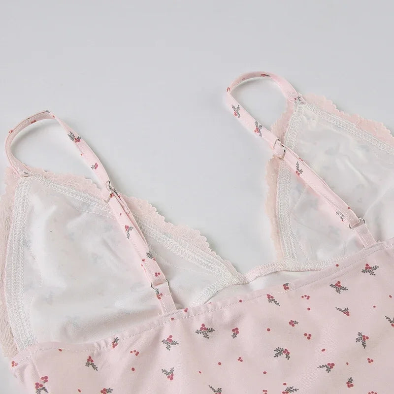 Summer Two-piece Pajamas Set for Women Sleepwear  Floral Lace Pink Sleeveless Camisoles and Slim Shorts Loungewear
