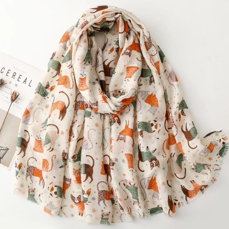 Cozy Dachshund Dog Cat Pattern Viscose Shawl for Women - 180x90Cm Fringe Detail Breathable Thin Wrap Scarves Autumn/Winter Snood