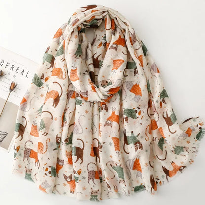 Cozy Dachshund Dog Cat Pattern Viscose Shawl for Women - 180x90Cm Fringe Detail Breathable Thin Wrap Scarves Autumn/Winter Snood