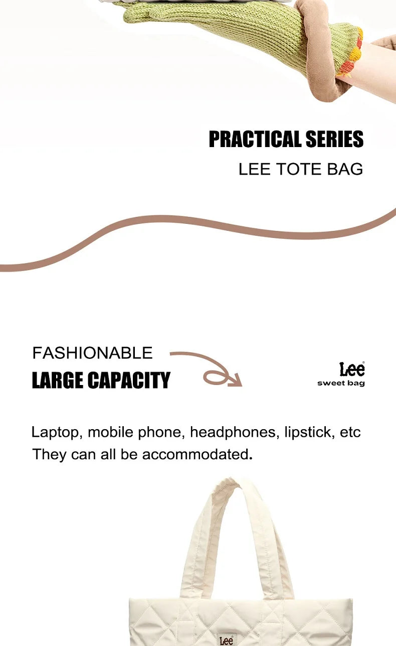 LEE Large Soft Puffer Bag Women Big Size College Students Laptop Book Quilted Tote Bag Lady Down-filled Shopping School Bags