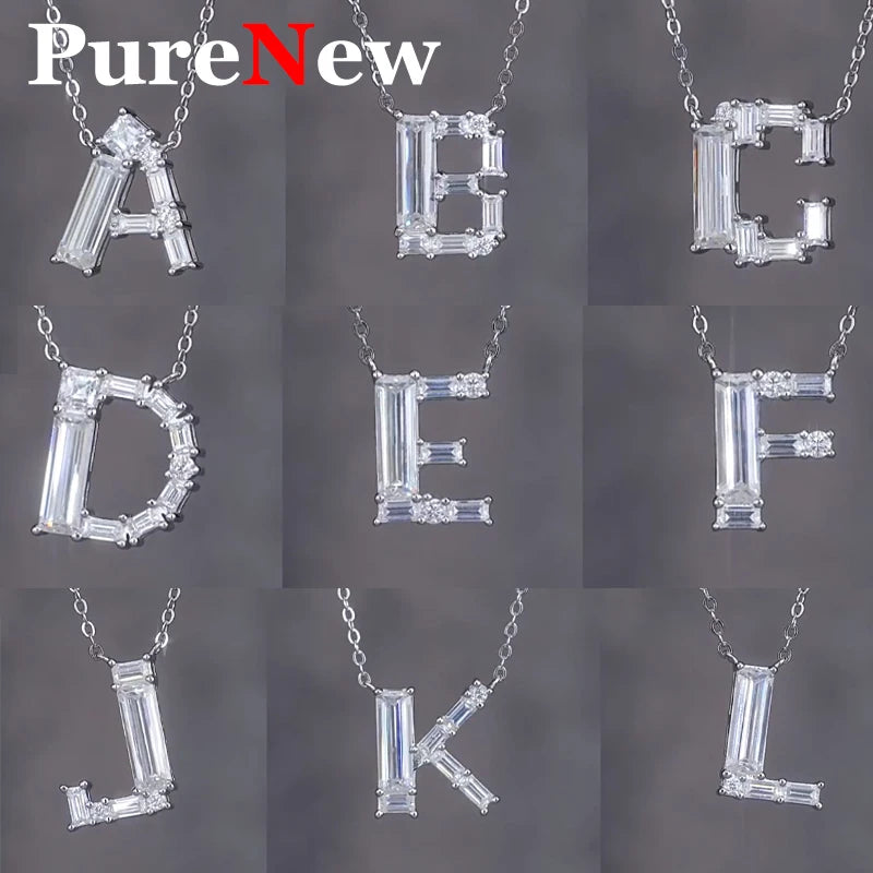 PureNew 26 Letter A-Z 4x12mm Moissanite Necklace For Women S925 Silver D Color 18k Plated Sparking Women's Moissanite Chain