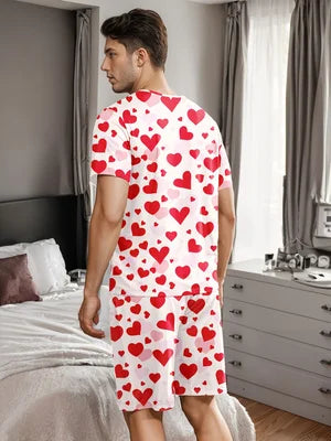Men's pajama set with heart-shaped prints, comfortable summer clothing