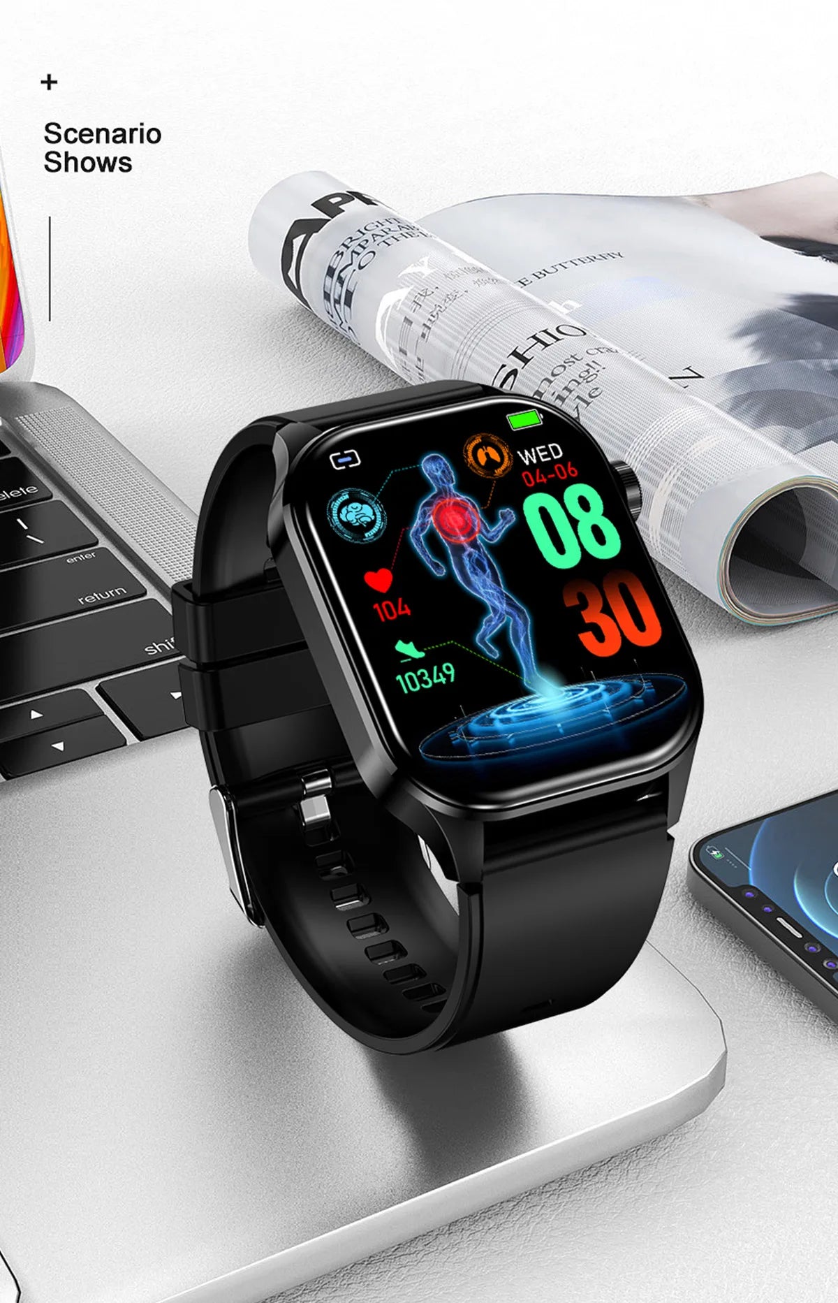 ET580 Smart Watch Men 2.04inch AMOLED Large Screen Bluetooth Call ECG Blood Pressure Oxygen Health Monitor SOS Smartwatch