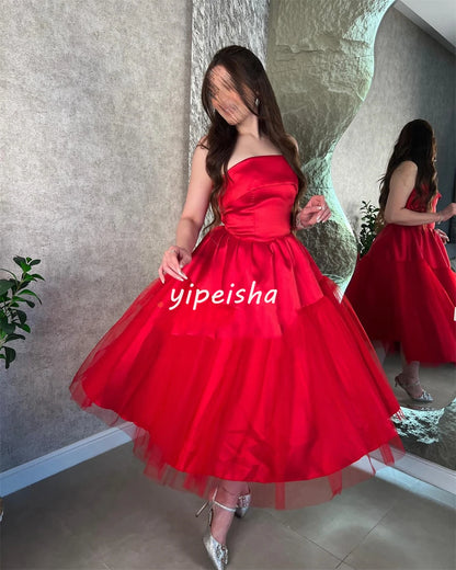 Customized Satin Pleat Wedding Party A-line Strapless Bespoke Occasion Gown Midi Dresses