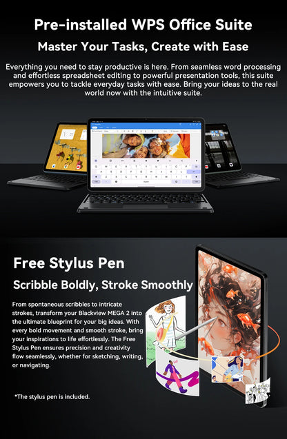 Blackview MEGA 2 Tablet PC Set With Keyboard, Mouse, Stylus, 12'' 2K Display 12GB+24GB RAM 256GB ROM, Android 15 Tablet, 9000mAh
