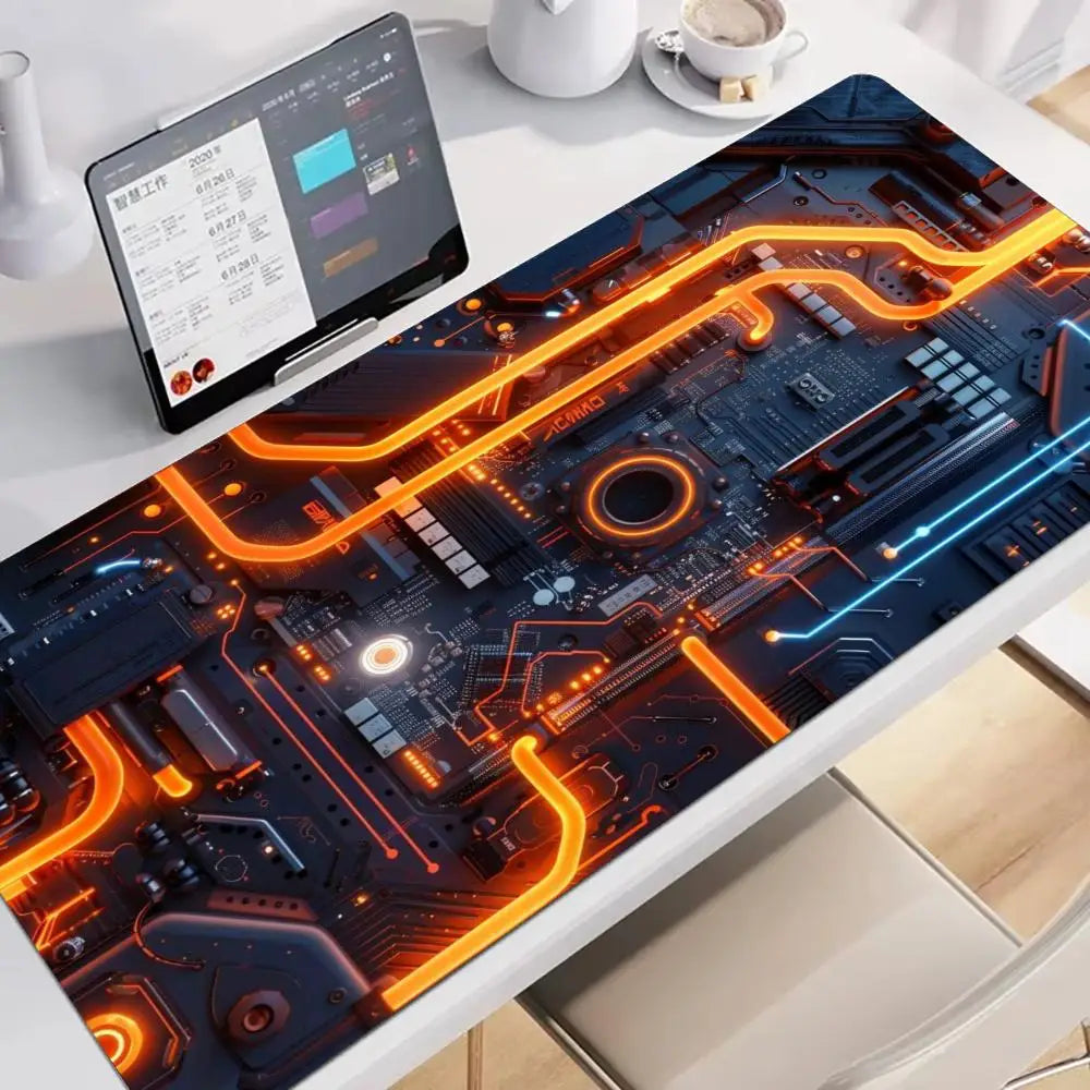 Large XXL Gaming Mouse Pad Desk Mat Keyboard Pad Orange Neon Circuit Board Cyberpunk Tech Pattern Print Laptop PC Gamer Office