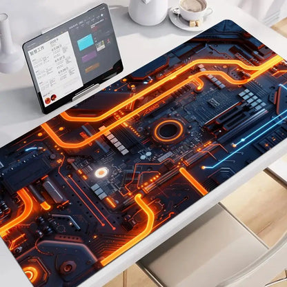 Large XXL Gaming Mouse Pad Desk Mat Keyboard Pad Orange Neon Circuit Board Cyberpunk Tech Pattern Print Laptop PC Gamer Office