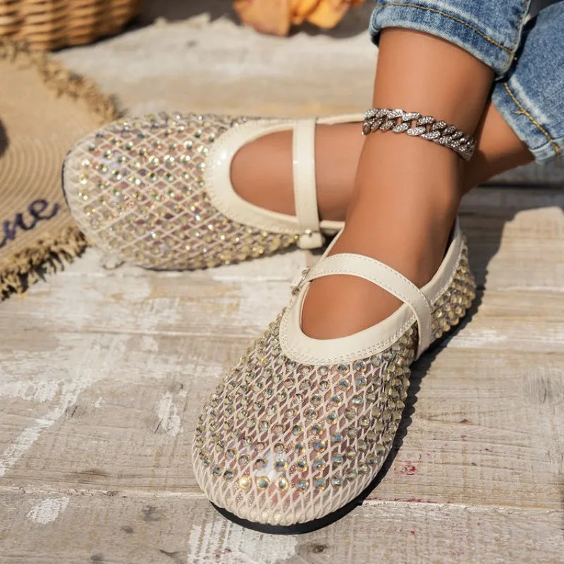 Women's Mary Jane Shoes Luxury Brand Casual Single Shoes Women's Rhinestone Plus Size Womens Round Head Buckle Beach Flat Shoes