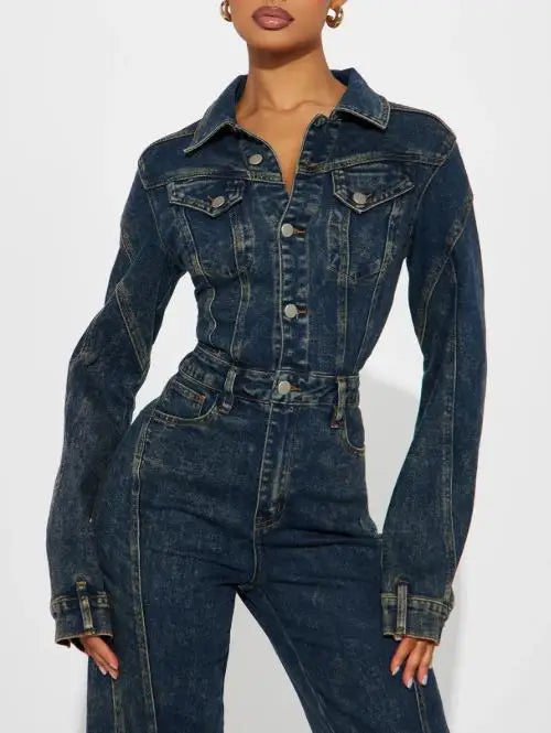 Jumpsuit Women 2026 New Spring Autumn Turn-Down Collar Long Sleeved Pocket Design High Waist Streetwear Casual Denim Jumpsuit