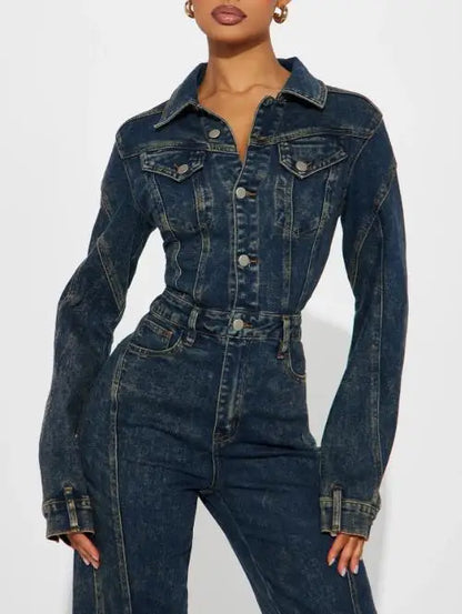 Jumpsuit Women 2026 New Spring Autumn Turn-Down Collar Long Sleeved Pocket Design High Waist Streetwear Casual Denim Jumpsuit