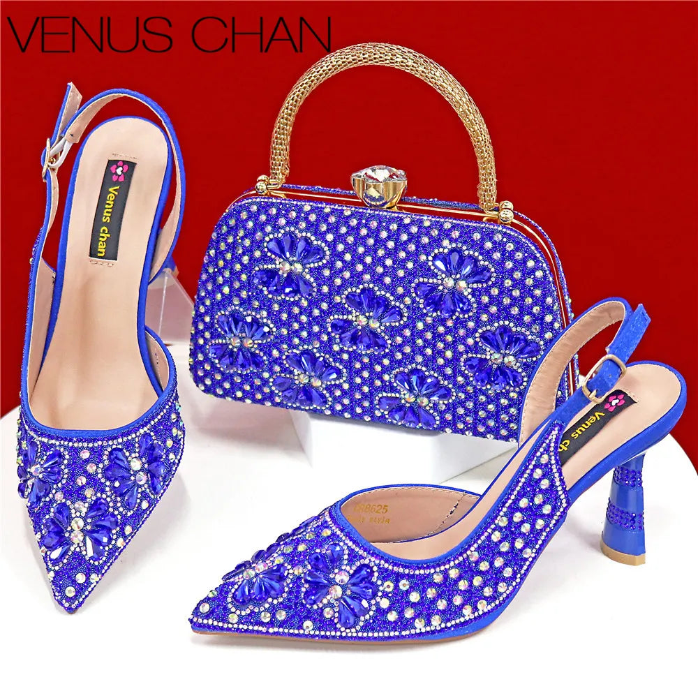 Luxury Handmade Flowers Shoes and Clutch for Women- Nigerian Style Elegant Crystal Heels with Matching Evening Bags