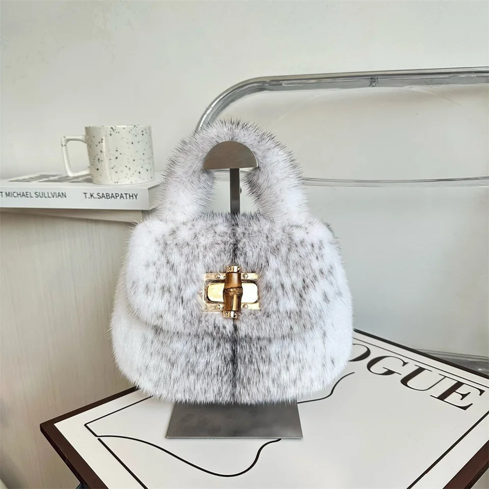 Fur Women's Mink Fur Bag Luxury Warm Plush Wrist Bags  Women Fashion Furry Short Handle Clutch Cute Ladies Fur Bags For Women