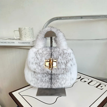 Fur Women's Mink Fur Bag Luxury Warm Plush Wrist Bags  Women Fashion Furry Short Handle Clutch Cute Ladies Fur Bags For Women
