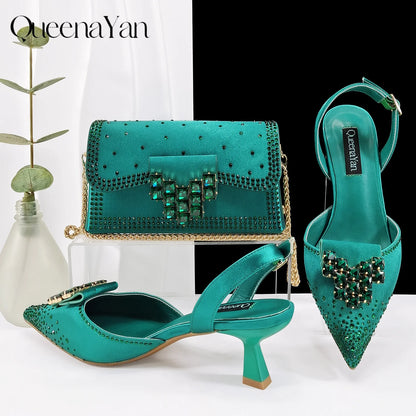 Queen Yan New Arrival Mature Style Embroider and Rhinestone Design Party Wedding Pointed Toe High Heel and Bag Set in Navy Blue