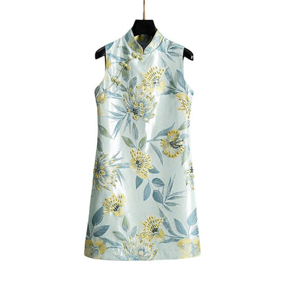 Women Chinese Style Cheongsam Jacquard Beaded Dress Sleeveless Tank Dress Elegant Vintage Party Dress Ladies