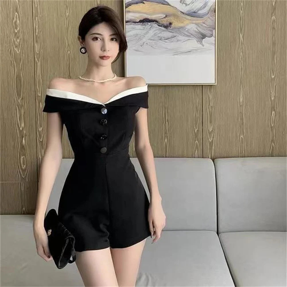 Korea Rompers Contrast color off shoulder single breasted jumpsuit women's summer new style casual wide leg shorts pants