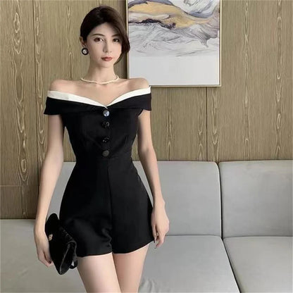 Korea Rompers Contrast color off shoulder single breasted jumpsuit women's summer new style casual wide leg shorts pants