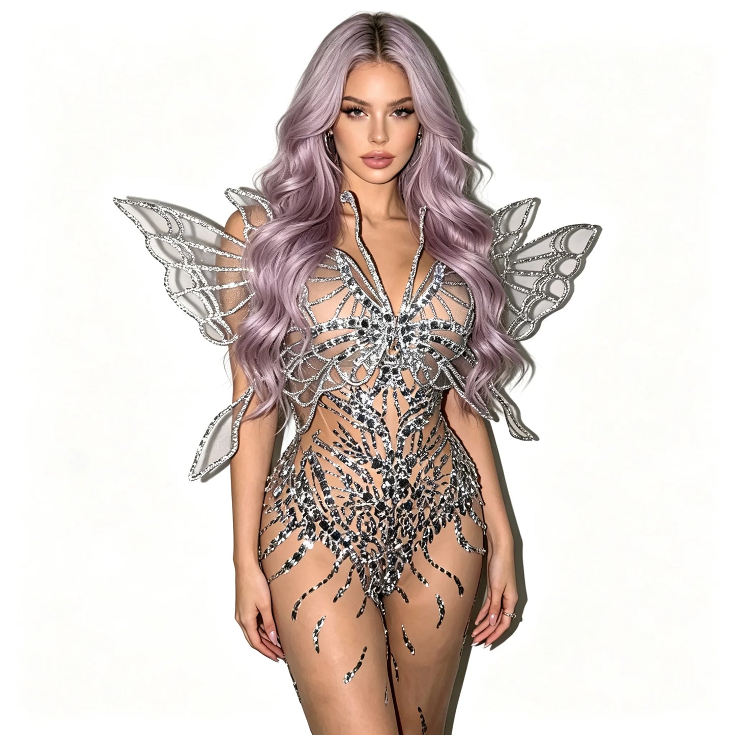 Sexy Shiny Silver Crystal Jumpsuit Transparent Mesh 3D Butterfly Rhinestone Wings Jumpsuit Birthday Party Performance Costume