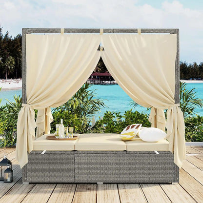 Patio Chaise Lounge, PE Rattan Outdoor Patio Wicker Sunbed Daybed with Adjustable Seats, Four-sided Canopy,, Customized