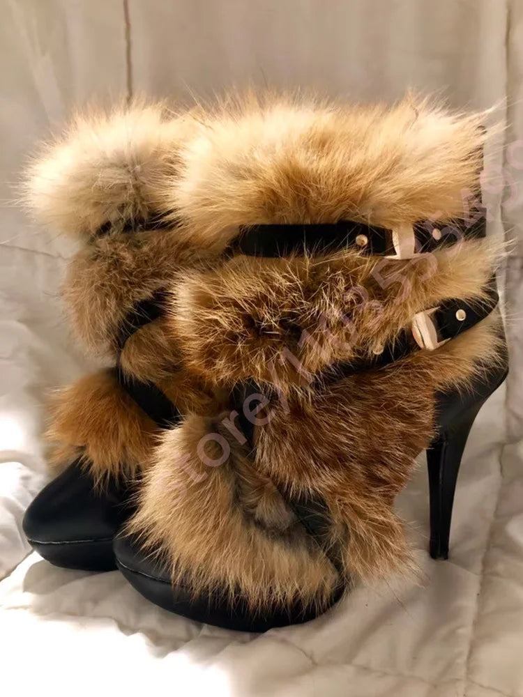 Winter Platform Belt Buckle Soft Fur Short Boots Fashion Show Party Casual Furry Boots New Sexy Women's Stiletto Warm Boots