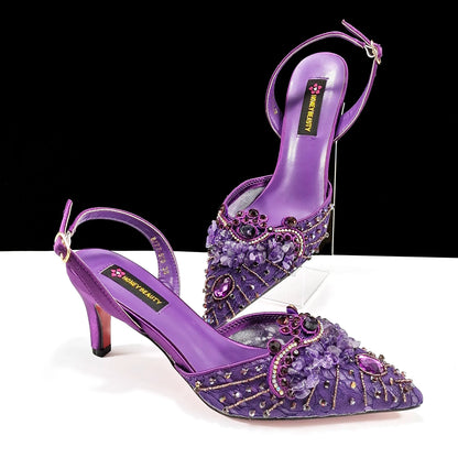 Queena Yan New Arrival Purple Color Rhinestone Decoration Design Party Wedding Lady Pointed Toe High Heels and Bag Set