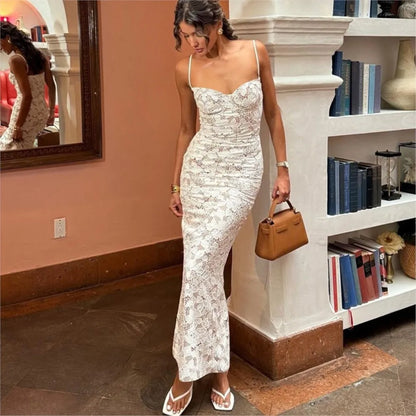 Women's Sexy Lace Splicing Strap Backless Dress Fashionable Slim Suspender Hip Covering Long Slit Female Nightclub Dresses 2026