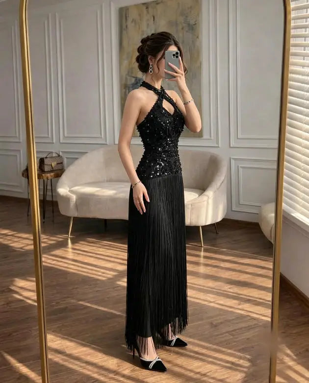 Luxury Black V Neck 3D Flower Sequin Fringe Evening Dress A-Line Women's Formal Evening Gowns Wedding Party Dresses Customized