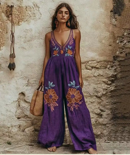 New Vintage Printed Floral Linen Suspender Wide-leg Jumpsuits Women 2025 Fashion V Neck Wide Leg Pants Outfits Female Streetwear