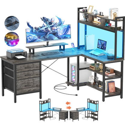 Aheaplus L-Shaped Gaming Desk with LED Lights, Reversible Corner Computer Desk with Power Outlet, 3 Fabric Drawer & Monitor Stand, Large Storage Shelves for Home Office, Black Oak