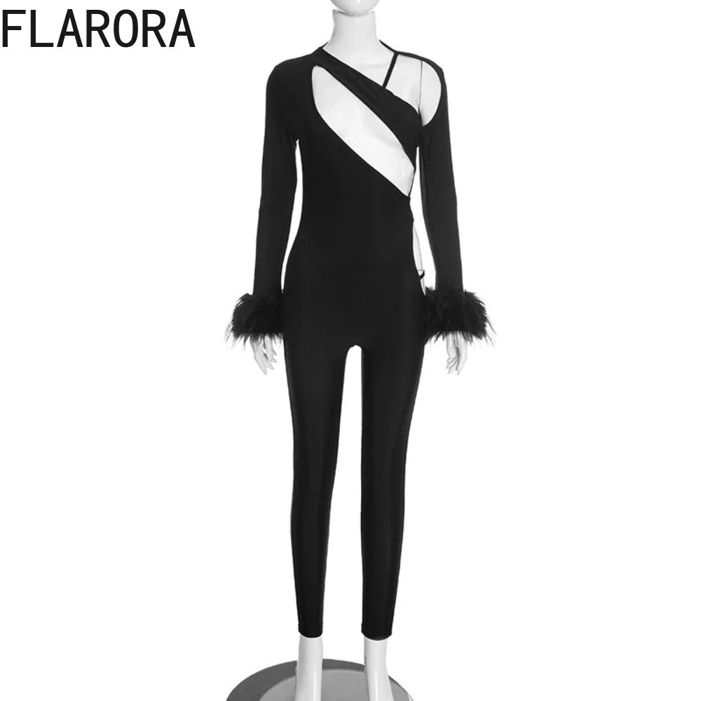 FLARORA Sexy Hollow Out Jumpsuits Woman Faux Fur Patchwork Skew Neck Full Sleeve Backless Skinny Peach Hip Party Club Overalls