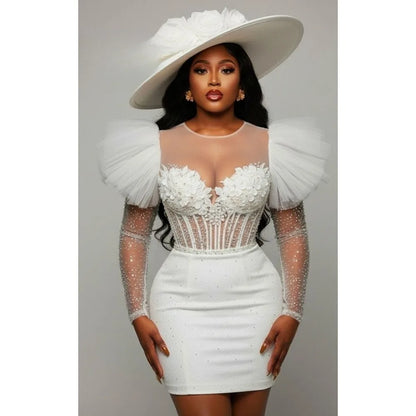 Customized 2026 Hot Sale White Formal Dress High Neck Sheer Puff Sleeve Rhinestone Beaded Corset Bodycon Mini Gown Women Bridal