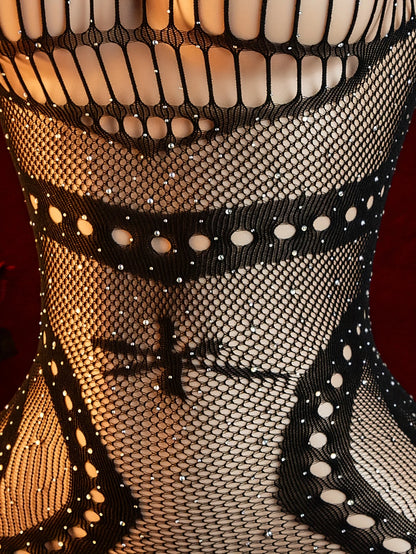 Women Sexy Fishnet Rhinestone Bodysuit See Through Without Bikini Hollow Out Bodycon Dress Summer Women's Swimwear Y2K