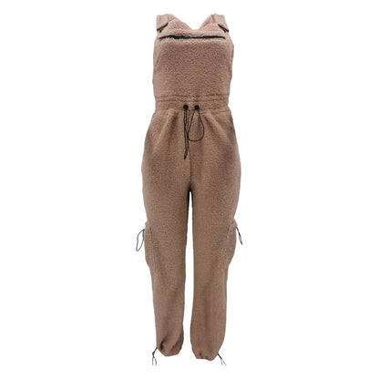 Lace Up Jumpsuit Women One Piece Jumpsuits Fur Rompers High Waist Spring Autumn Pants Mom Overalls Playsuits Elegant Pink