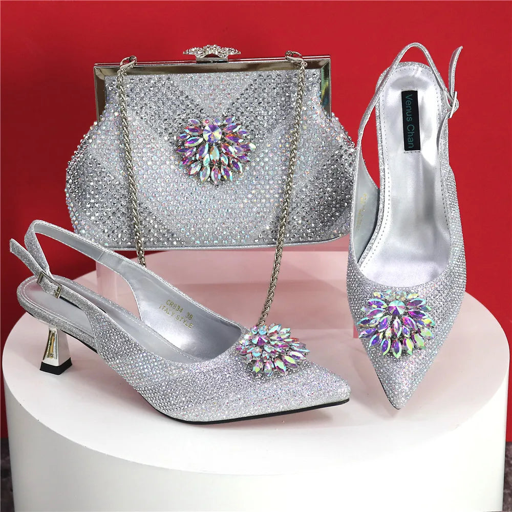 Italian Design Rhinestone-encrusted Ladies Party Shoes And Special Bag Women High Heels Wedding Dual Purpose Bag