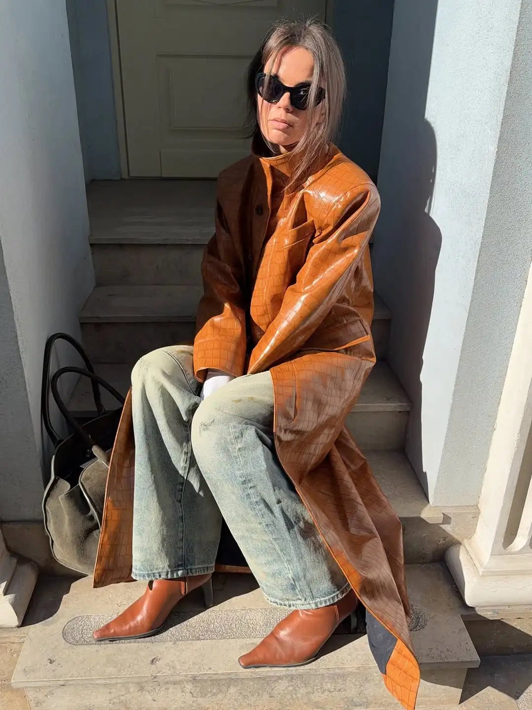 Women Brown Croc Embossed Faux Leather Maxi Trench Coat Lapel Single Breasted Straight Long Front Pockets Vintage Autumn Winter
