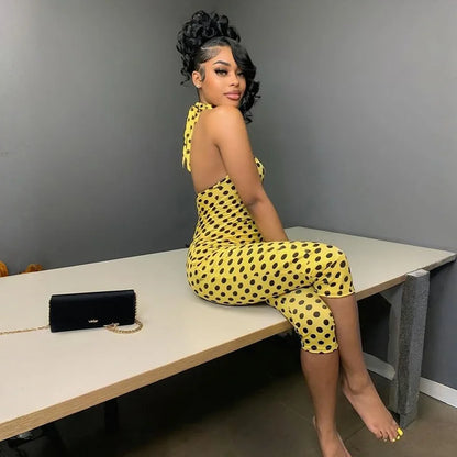 FAGADOER Fashion Color Dot Printing Bodycon Jumpsuits Woman Halter Sleeveless Backless Rompers Female Streetwear Overalls 2026